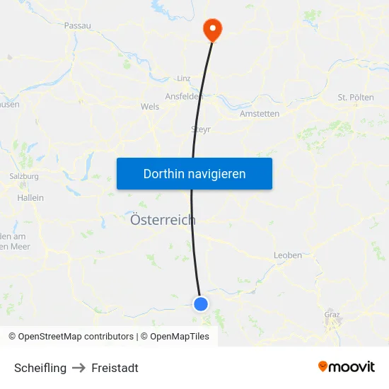 Scheifling to Freistadt map