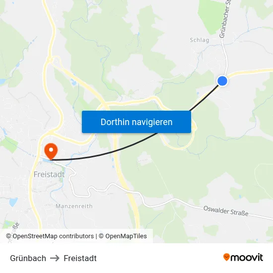 Grünbach to Freistadt map