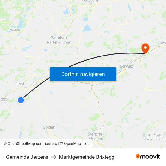 Gemeinde Jerzens to Marktgemeinde Brixlegg map
