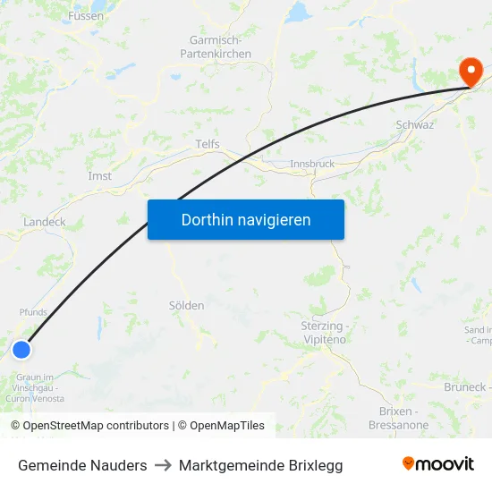 Gemeinde Nauders to Marktgemeinde Brixlegg map