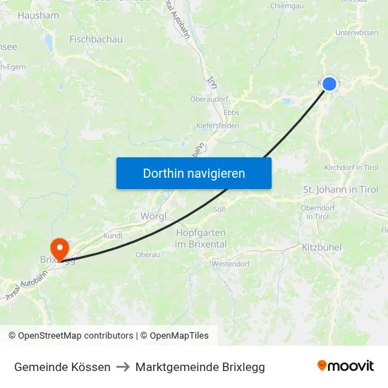 Gemeinde Kössen to Marktgemeinde Brixlegg map