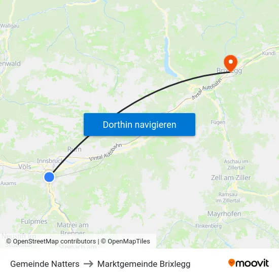 Gemeinde Natters to Marktgemeinde Brixlegg map