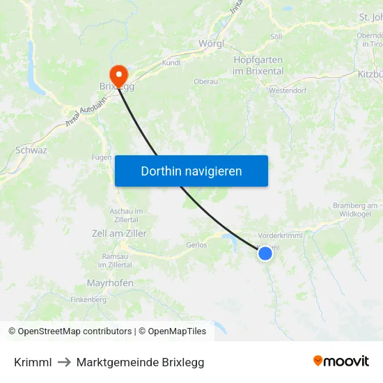 Krimml to Marktgemeinde Brixlegg map