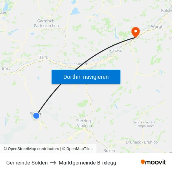 Gemeinde Sölden to Marktgemeinde Brixlegg map