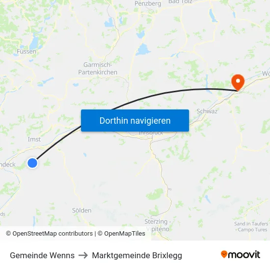 Gemeinde Wenns to Marktgemeinde Brixlegg map