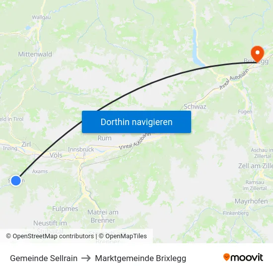 Gemeinde Sellrain to Marktgemeinde Brixlegg map