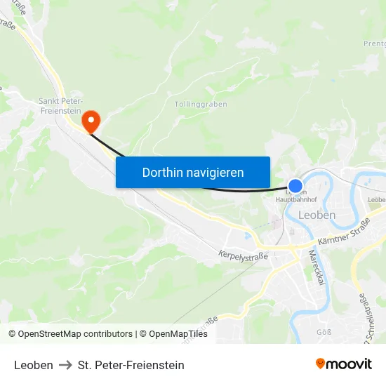 Leoben to St. Peter-Freienstein map