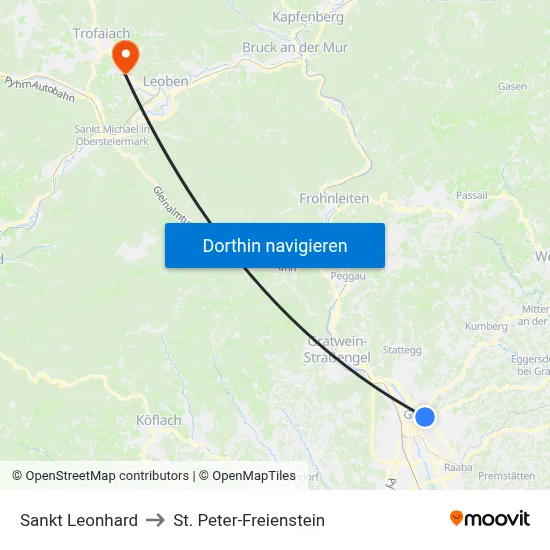 Sankt Leonhard to St. Peter-Freienstein map