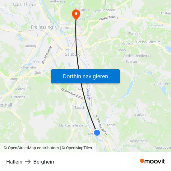 Hallein to Bergheim map