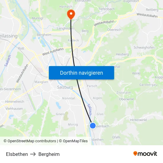 Elsbethen to Bergheim map