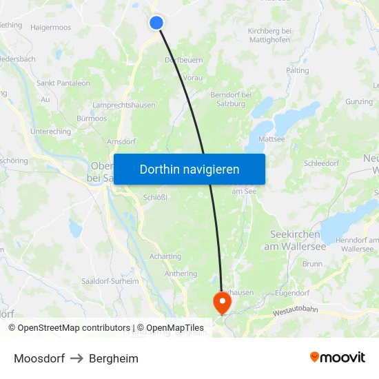 Moosdorf to Bergheim map
