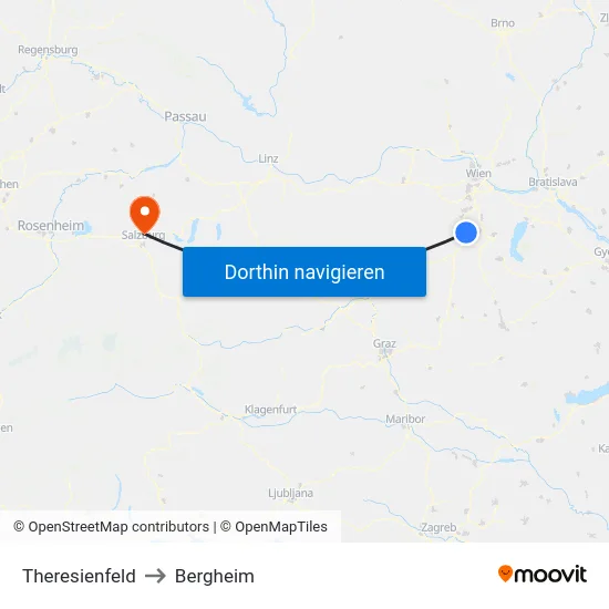 Theresienfeld to Bergheim map