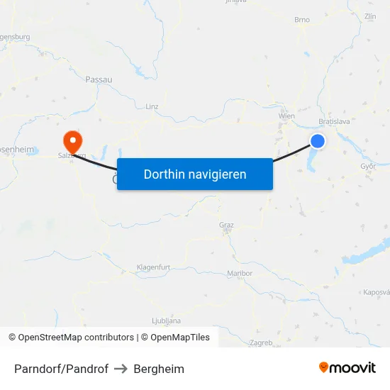 Parndorf/Pandrof to Bergheim map
