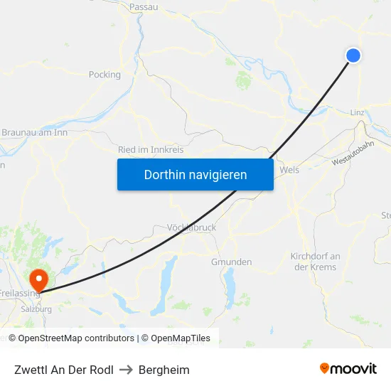 Zwettl An Der Rodl to Bergheim map