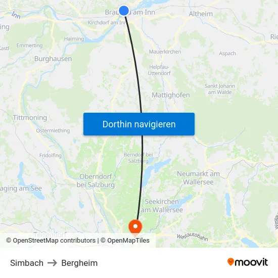 Simbach to Bergheim map