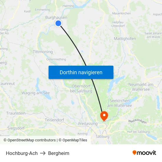 Hochburg-Ach to Bergheim map