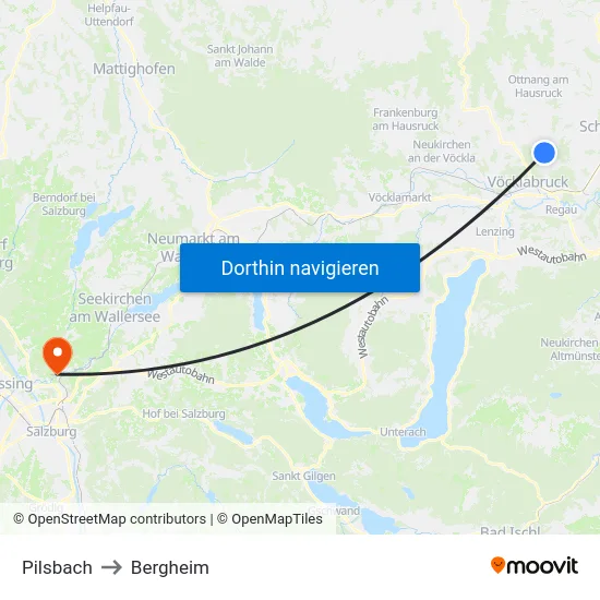 Pilsbach to Bergheim map
