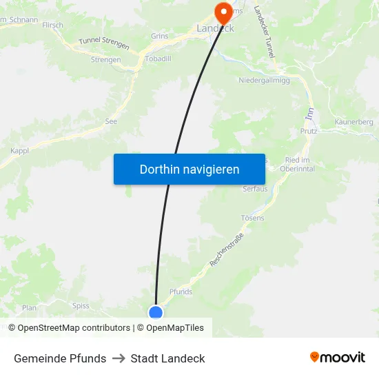 Gemeinde Pfunds to Stadt Landeck map