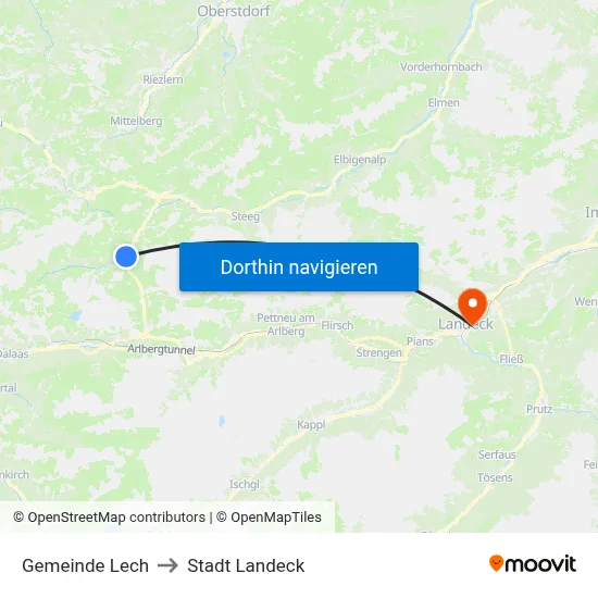 Gemeinde Lech to Stadt Landeck map