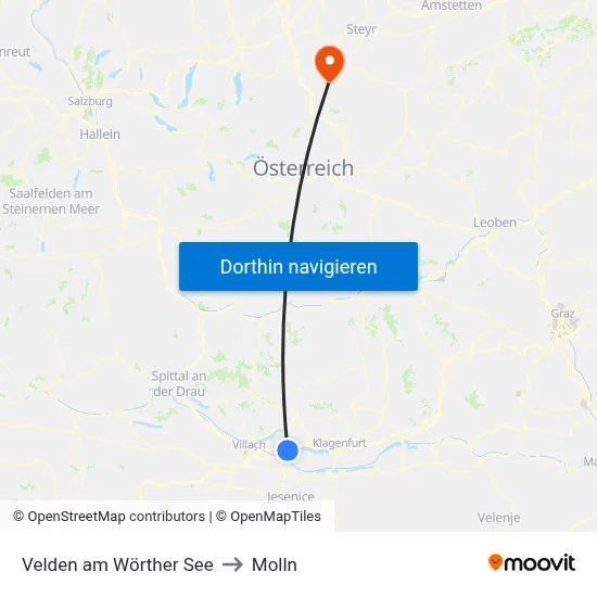 Velden am Wörther See to Molln map