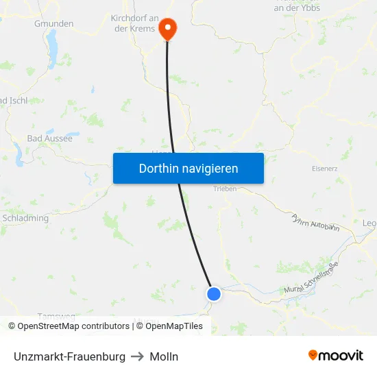 Unzmarkt-Frauenburg to Molln map