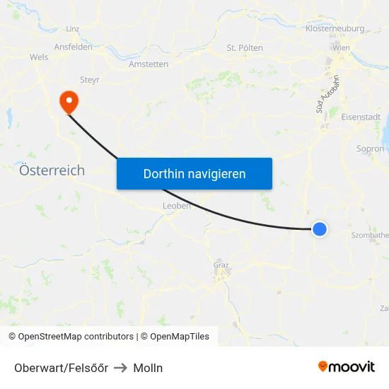 Oberwart/Felsőőr to Molln map