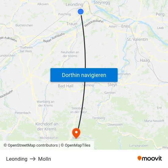 Leonding to Molln map