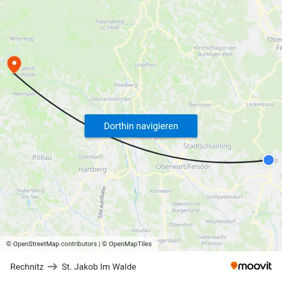Rechnitz to St. Jakob Im Walde map