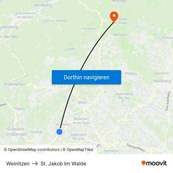 Weinitzen to St. Jakob Im Walde map