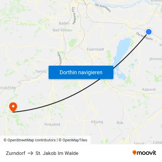 Zurndorf to St. Jakob Im Walde map