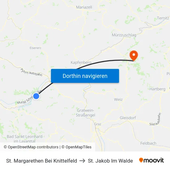 St. Margarethen Bei Knittelfeld to St. Jakob Im Walde map
