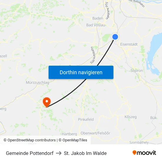 Gemeinde Pottendorf to St. Jakob Im Walde map