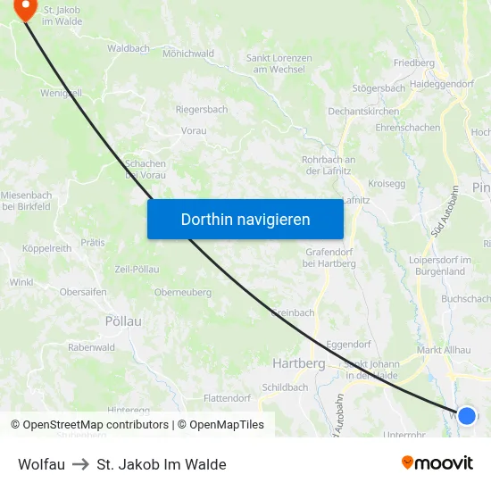 Wolfau to St. Jakob Im Walde map