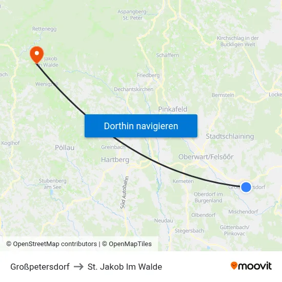 Großpetersdorf to St. Jakob Im Walde map