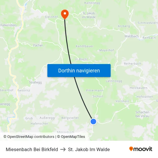 Miesenbach Bei Birkfeld to St. Jakob Im Walde map