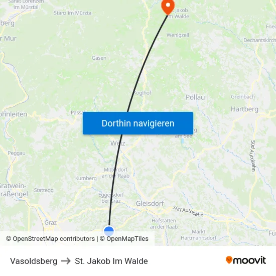 Vasoldsberg to St. Jakob Im Walde map