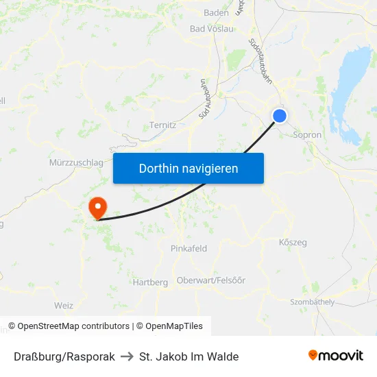 Draßburg/Rasporak to St. Jakob Im Walde map