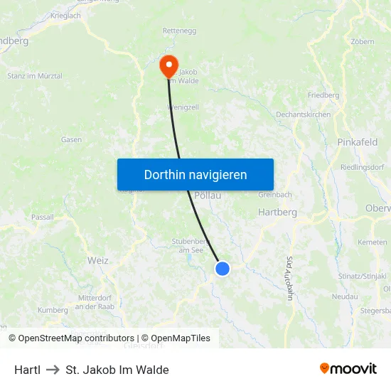 Hartl to St. Jakob Im Walde map