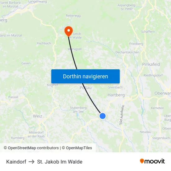 Kaindorf to St. Jakob Im Walde map