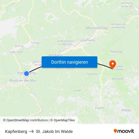 Kapfenberg to St. Jakob Im Walde map