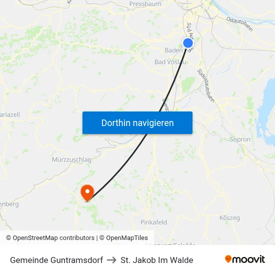 Gemeinde Guntramsdorf to St. Jakob Im Walde map