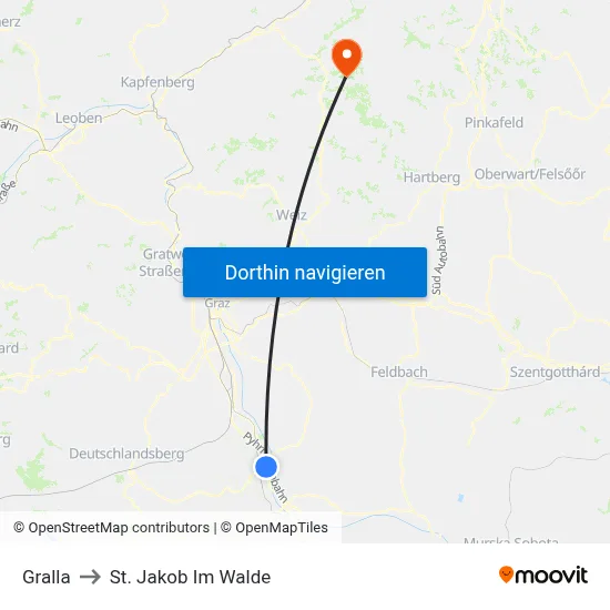 Gralla to St. Jakob Im Walde map