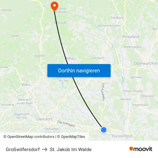 Großwilfersdorf to St. Jakob Im Walde map