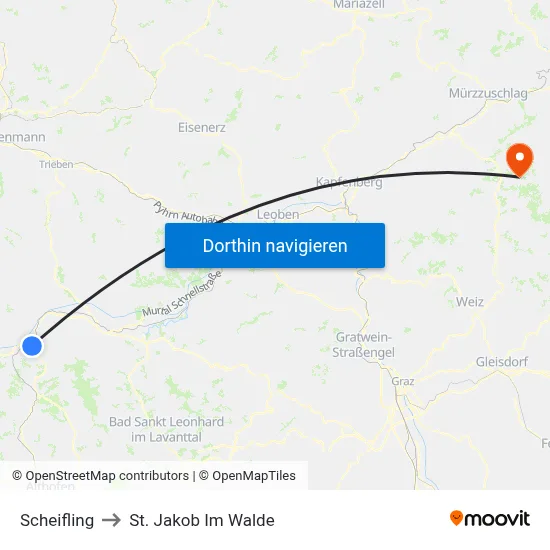 Scheifling to St. Jakob Im Walde map