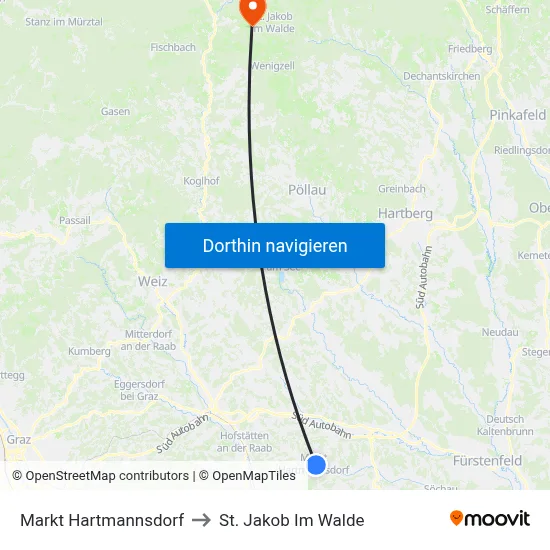 Markt Hartmannsdorf to St. Jakob Im Walde map