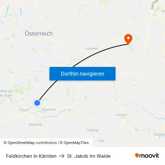 Feldkirchen In Kärnten to St. Jakob Im Walde map