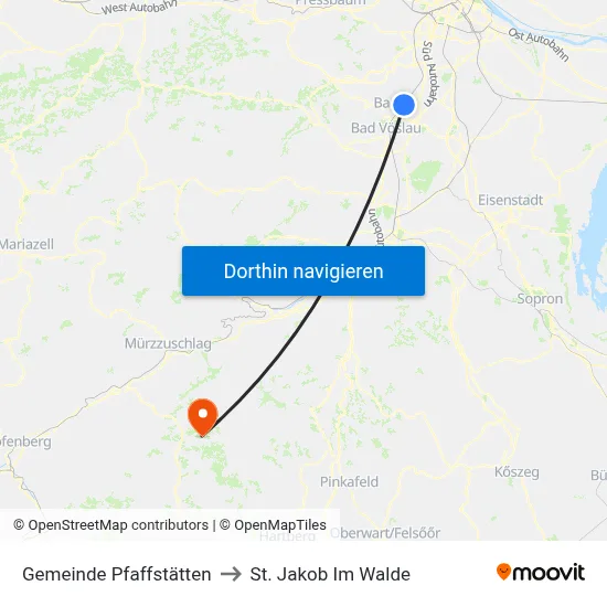 Gemeinde Pfaffstätten to St. Jakob Im Walde map