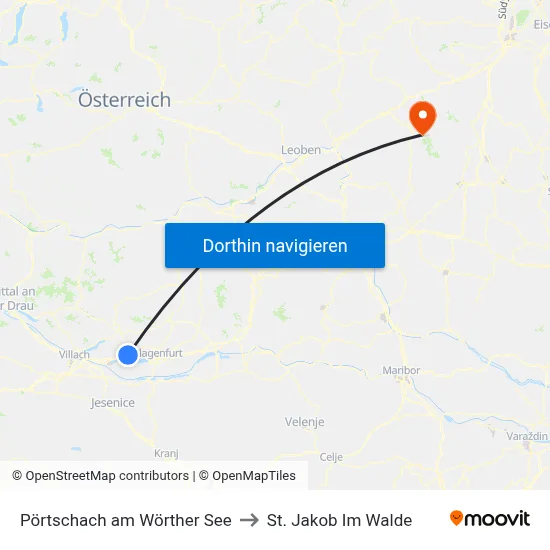 Pörtschach am Wörther See to St. Jakob Im Walde map
