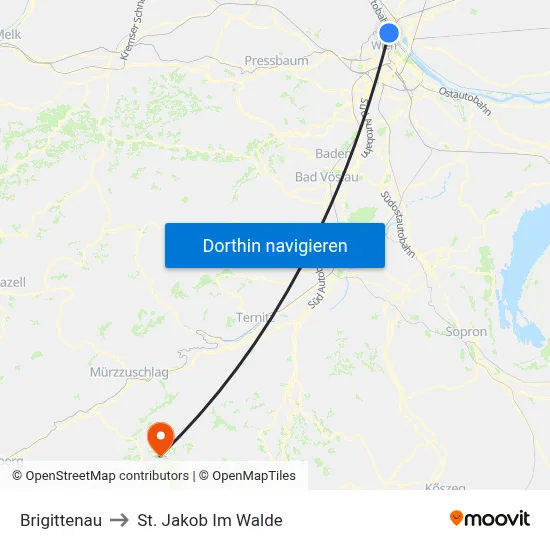 Brigittenau to St. Jakob Im Walde map