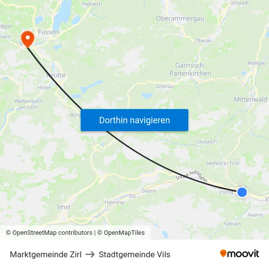 Marktgemeinde Zirl to Stadtgemeinde Vils map
